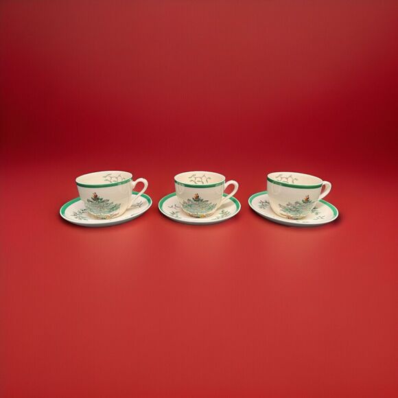 Spode Other - Set Of 3 Spode Christmas Tree 8 oz Tea Cup Saucer Coffee Mugs Vintage Red Green